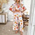 Women's floral print two-piece set with short sleeve shirt and wide-leg trousers - S / Pink Base Blue Yellow Floral