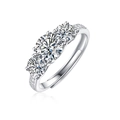 Detailed view of silver three-stone ring with round brilliant cut stones and pavé band - Adjustable Open / Three-Stone Pave Style (R11566-6.5mm/1 Carat)
