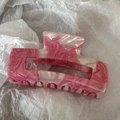 Detail of pink marble acetate rectangular hair claw clip with rhinestones and smooth finish - Pink Marble Square Claw Clip