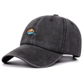 Vintage washed dark grey cotton baseball cap with small colorful embroidery on front - Adjustable / Black