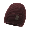 Winterse gebreide muts in wijnrood met warme fleecevoering en luxe leren patch - Eén maat / Bordeauxrood