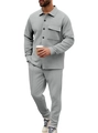 Men's grey waffle knit casual set with long sleeve button-up cardigan and matching pants - Light Gray