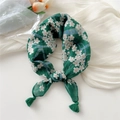 Dark green cotton linen scarf with white floral print and tassel fringe details - Sakura on Green Base (Fringe)
