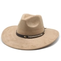 Chapeau fedora classique en daim kaki avec bande en cuir tressé et rivets métalliques - Kaki clair