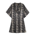 Fashionable black and white snake print mini dress with short sleeves and V-neck style - XS / As Shown