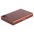 Detail view of the brown slim metal business card case with a mechanical press buckle - 6 Card Slots / Rose Gold
