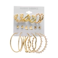 6-piece gold alloy earring set with leopard print hoops and pearl studs on gray card - Gold Pearl Star Butterfly Set (54140)