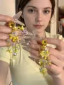 Detail of yellow flower tassel earrings with crystals and vibrant beads for women - Yellow Flower Sweet Tassel (13# Silver Earring Post-Yellow)