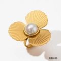 Goldener fächerförmiger Muschelring mit Perle aus Edelstahl im Vintage-Stil für Damen - Ring Modell A (KBJ435) / Gold