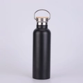 Matte black stainless steel insulated water bottle with bamboo lid and metal handle - Black (Wood Lid)