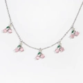 Detailed view of silver cherry necklace with pink cat eye stone and green zircon charms - Silver Cherry Necklace