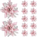 Set van 12 roze kunstmatige kerststerren met zilveren glitters voor kerstboomdecoratie - Roze En Zilver