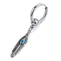 Pendientes de aro con pluma en plata vintage y piedra turquesa azul para hombre y mujer - Color Acero (Pieza Única)