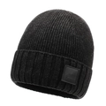 Black ribbed knit winter beanie with premium brown leather patch for cold protection - One Size / Dark Gray