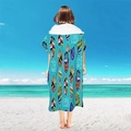 Lake blue microfiber hooded beach poncho with surfboards and tropical floral prints - Pullover Style - Surfboard