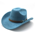Close-up of blue suede cowboy hat with brown leather band and metal buckle detail - M(56-59CM) / Peacock Blue (Suede)