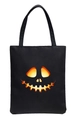 Halloween tote bag with glowing Jack-o'-lantern pumpkin face print on black canvas - Black-E