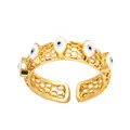 Golden hollow evil eye open ring with five blue enamel eye charms in honeycomb design - Adjustable Open Design / Blue