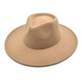 Detailed top view of a camel wide brim wool fedora hat with classic teardrop crown shape - M (56-58cm) / Light Coffee