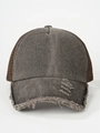 Close-up of distressed washed grey trucker hat showing vintage mesh and worn edge details - Adjustable / Coffee