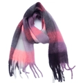 Close-up of soft brushed knit texture on pink and grey plaid scarf with long fringe - Pink Purple (04#)