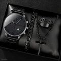 Coffret montre business homme noire avec bracelet cubain, collier croix et bague assortie - Style 10 (Sans Boîte)