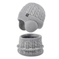 Gray knitted winter hat and neck warmer set with thick fleece lining for kids - 2-Piece Set - Solid Grey