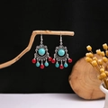 Bohemian silver drop earrings with blue turquoise stones and colorful tassel beads - E2809 Red Blue Mixed Tassel
