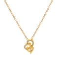 Detail of golden double heart pendant with cubic zirconia and symbolic mother-child figure - KC Gold Color (M-307)