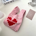 Pink knitted tote bag with red pixel heart and Sweetheart text for daily use - Double Sided Letters Pink