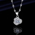 Silver plated necklace with flower petal pendant and pear cut zircon on black reflection - Xl-146 [with Four-leaf Clover Chain]