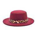 Detail of burgundy flat top hat with wide brim and leopard print decorative band - M (56-58cm) / Burgundy