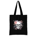 Black canvas tote bag with artistic skull and floral print for casual fashion - Flower Skull / Black