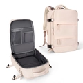 Detail of multi-compartment travel backpack interior and beige nylon exterior design - Horizontal Double Zipper Style / Beige