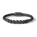 Close-up of black braided leather bracelet with 5 natural lava stones and magnetic clasp - Lava Stone