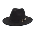 Classic black wide brim fedora hat with a leather belt and gold metal buckle accents - M (56-58cm) / Black