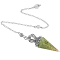 Hexagonal crystal pendulum with green stone chips and copper wire in resin cone - Green Aventurine