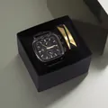 Close-up of men's square black watch and leather bracelet set in a gift box - Square Black Case Black Dial Black Strap + Bracelet + Box