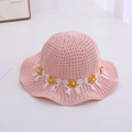 Pink girls straw sun hat with white lace trim and yellow flower bow decorations - Pearl Flower / Circumference 50-53cm / Pink