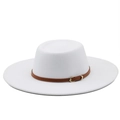Detailed close-up of a white flat top wool fedora with a brown leather decorative belt - M (56-58cm) / Pure White
