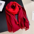 Two-tone red and dark red cashmere-like scarf with soft knitted texture and tassels - 200*70cm / Dark Red + Bright Red