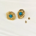 Detail view of gold wavy earrings with blue marble stone inlay and matching backs - Gold-Blue Ripple (TE-15145)