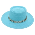 Close-up detail of a stylish light blue French straw hat with gold chain decoration. - One Size / Lake Blue (with Acrylic Chain Decor)