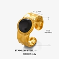Retro 18K gold plated stainless steel open ring with black enamel and hammered texture - Gold Round Ring-Black