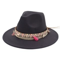 Dark gray bohemian felt hat with ethnic woven band, pink tassels and shell charms - Dark Gray