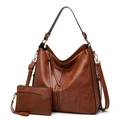 Brown vintage leather tote bag and clutch set with gold hardware on white background - Two-Piece Set / Brown