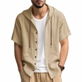 Dettaglio della camicia beige in lino con cappuccio e cordoncini a contrasto - S / Tops / Cachi