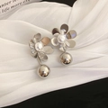 Silver flower earrings with pearl center and metallic bead charm on white fabric - Silver Round Ball
