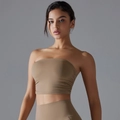 Detail of khaki bandeau yoga top with side pleats and high-waist matching leggings - S / Cocoa