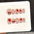 Pink gradient press-on nails with 3D strawberry, pearl, and white floral decorations - Extra Small (XS) / Ultra Short Trapezoid (3420)